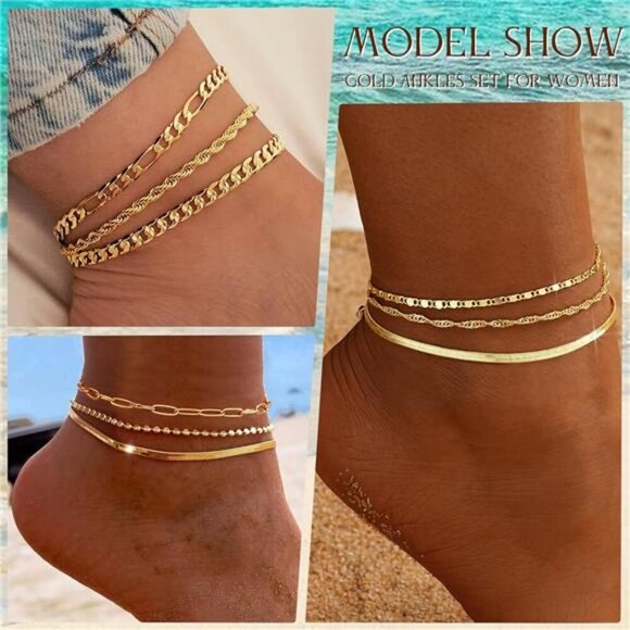 Gold Anklet Set for Women Waterproof Layered Cuban Chain Adjustable Jewelry - Picture 2 of 6